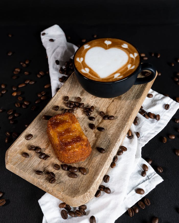 Elegant latte art in a black cup with pastry on a wooden board surrounded by coffee beans.